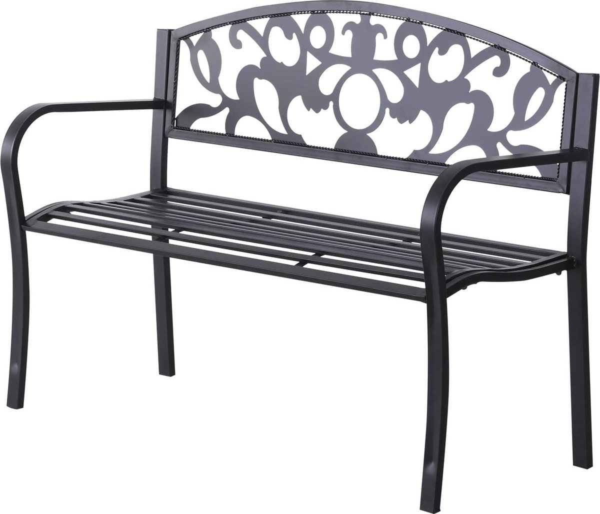 CGPN 2 Seater Sofa Garden Bench Metal Bench with Armrests Country Style Metal Black 128 x 50 x 91 cm