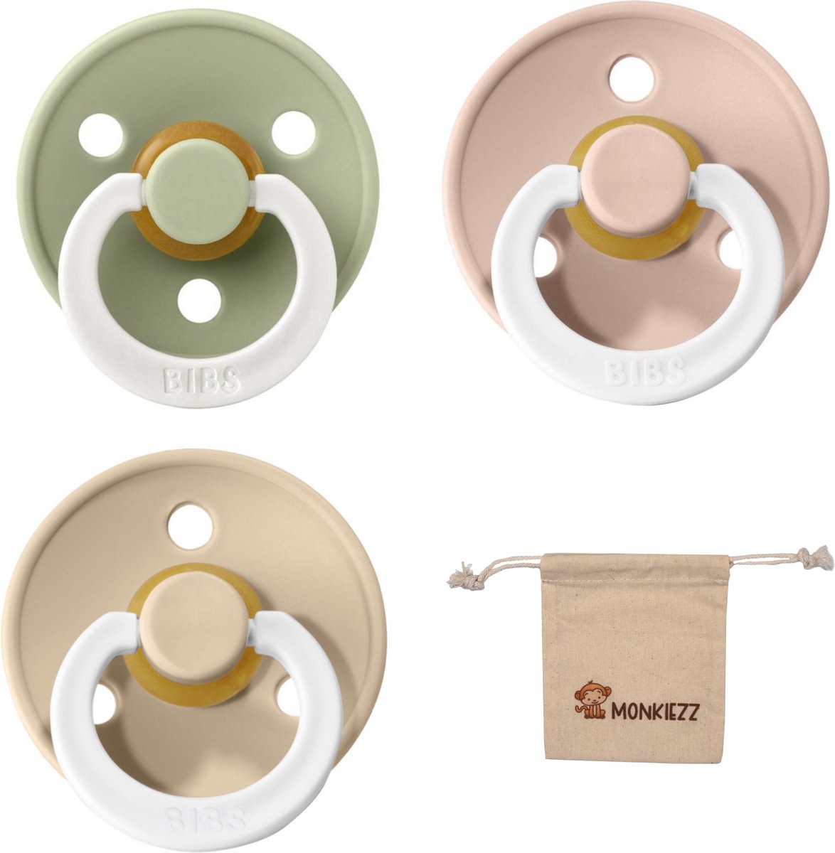 Goedkoopste Bibs fopspenen Maat 1 0-6 maanden| Set 3 stuks| Glow Sage, Vanilla, Blush Monkiezz speenzakje
