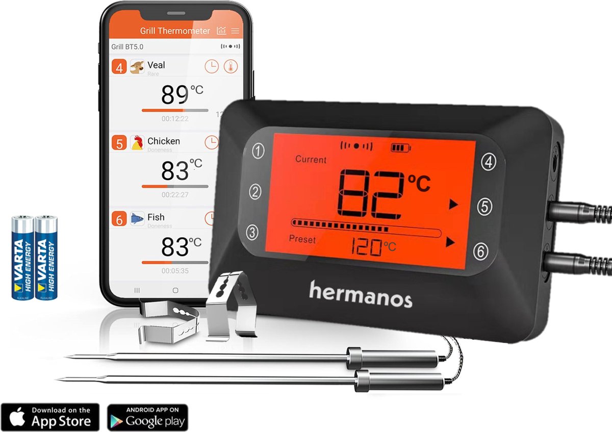 Hermanos® Vleesthermometer - Digitale BBQ Thermometer Draadloos - Oventhermometer - Bluetooth met app - 2 Meetsondes - Magneet - Incl. Batterijen - 1x Grillhouder - Hermanos