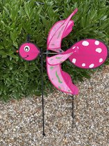 Windmolen met roze vlinder - nylon + kunststof steker- dia 48 cm x hoogte 74 cm - Tuinaccessoires - Tuinstekers