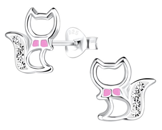 Joie|S - Boucles d'oreilles chat argent - argent avec rose - 9 mm - cristal
