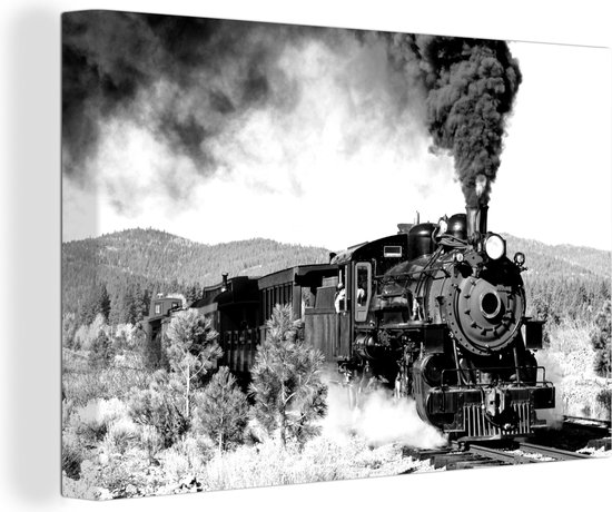 Canvas Schilderij Een antieke stoomlocomotief - zwart wit - 120x80 cm - Wanddecoratie