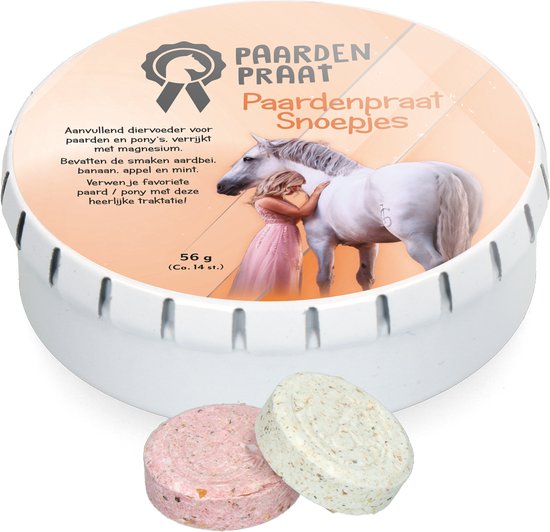 Foto: Paardenpraat paardensnoepjes traktatie voor paard aanvullend diervoeder verrijkt met magnesium aardbei banaan mint en appel hervulbaar blikje 14 stuks