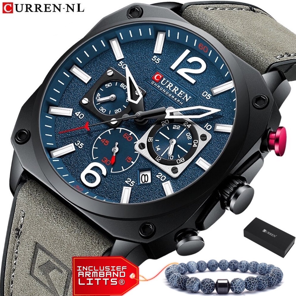 Curren - Horloge Heren - Cadeau voor Man - Horloges voor Mannen - 44 mm - Grijs Blauw