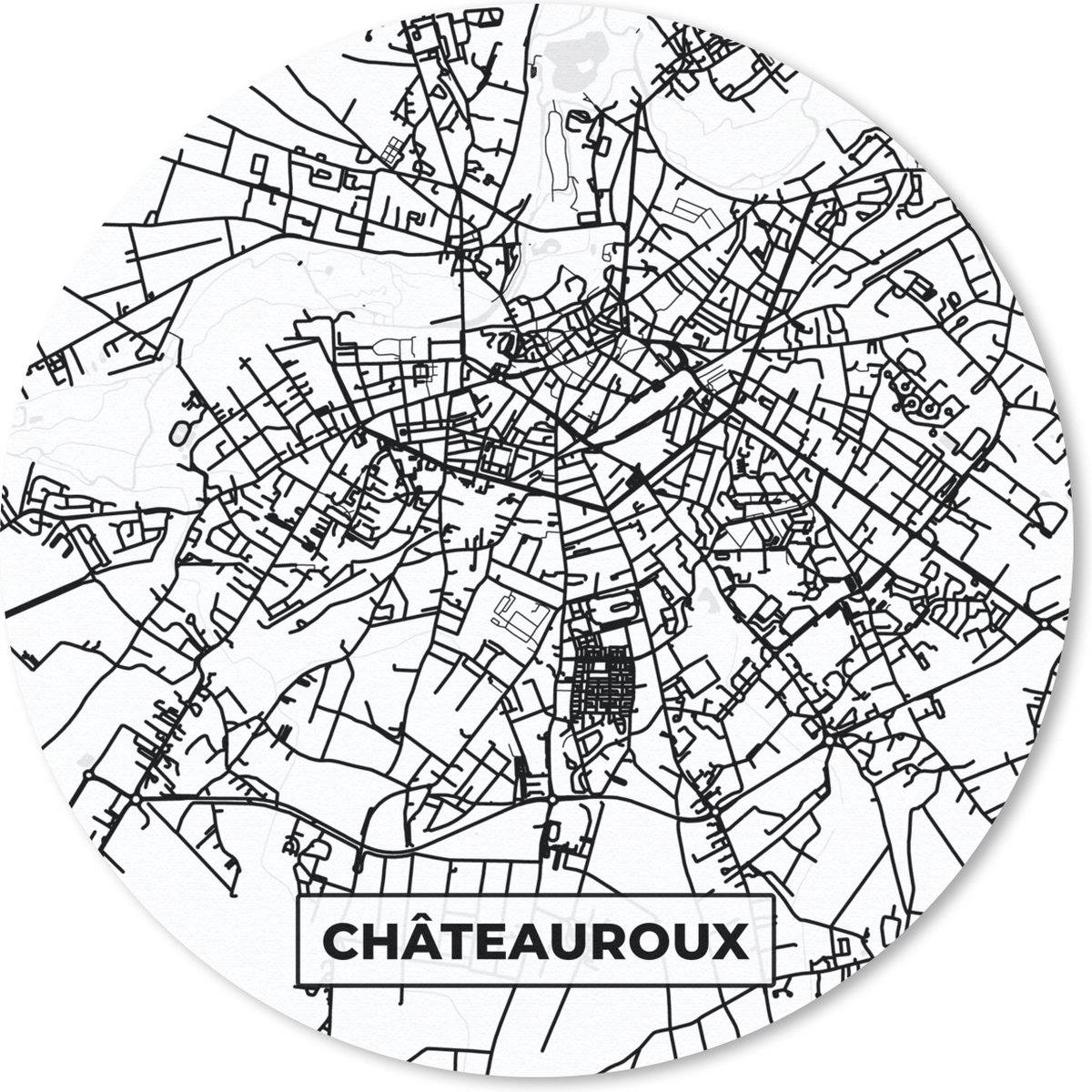 Muismat rond 50x50 cm - Mousepad Kaart – Plattegrond – Châteauroux - Frankrijk – Stadskaart - Zwart wit - Ronde muismatten - Stadskaart