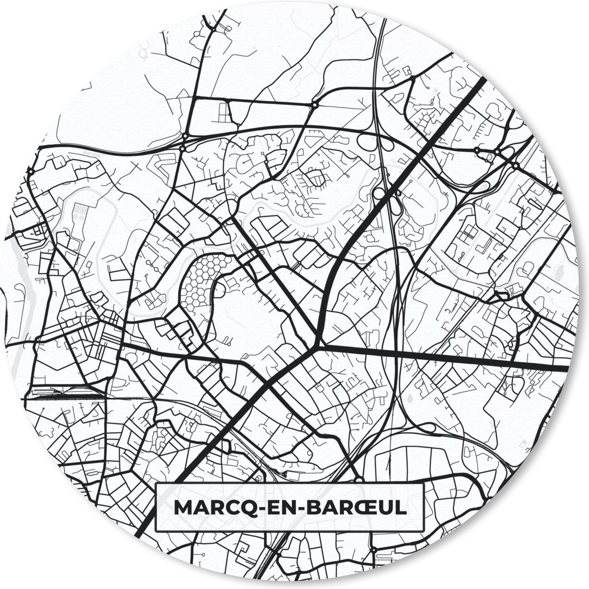 Muismat rond 20x20 cm - Mousepad Stadskaart - Plattegrond - Kaart - Marcq-en-Barœul - Frankrijk - Zwart wit - Ronde muismatten - Stadskaart