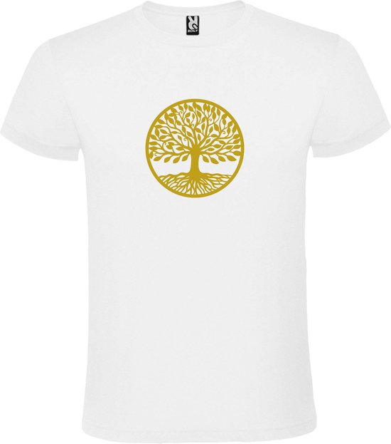 Wit T shirt met print van " mooie Levensboom " print Goud size XXXL