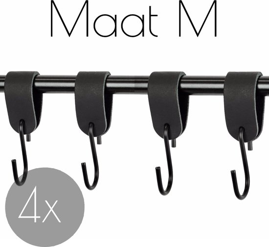 4x Leren S-haak hangers - Handles and more® | ZWART - maat M (Leren S-haken - S haken - handdoekkaakje - kapstokhaak - ophanghaken)