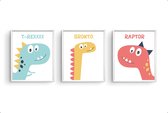 Poster Set 3 Getekende dinosaurussen t-rex bronto raptor / Dinosaurus / Baby - Kinderkamer  / Dieren Poster / Babykamer - Kinderposter 80x60cm
