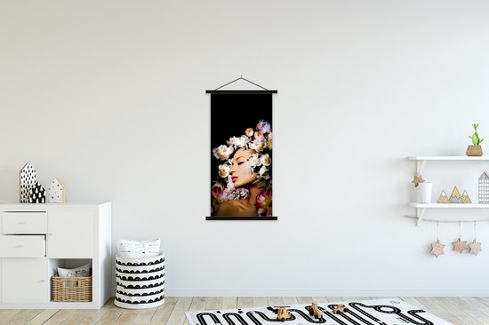 Porte-affiche avec affiche - Affiche scolaire - Femmes - Fleurs - Roses - Portrait - 60x120 cm - Lattes noires