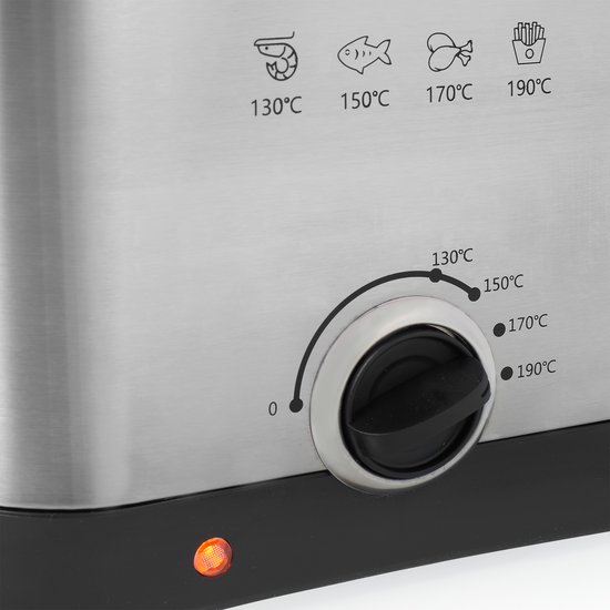 Detail van de zilverkleurige Princess mini friteuse. Thermostaat met iconen voor garnalen, vis, kip en friet.