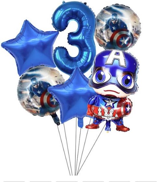 Captain America folie ballon -ballonnen set van 6 - Marvel Avengers - verjaardag -thema - kinderfeest -superhelden - getal  -  3 jaar