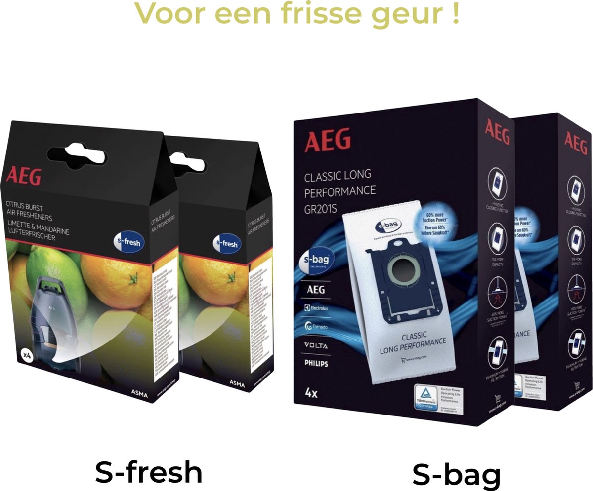 AEG - 2x S-BAG stofzuigerzakken + 2x S-FRESH Geurkorrels (citrus burst) - Air fresheners - Geurparels - Voor Stofzuigers - COMBIDEAL