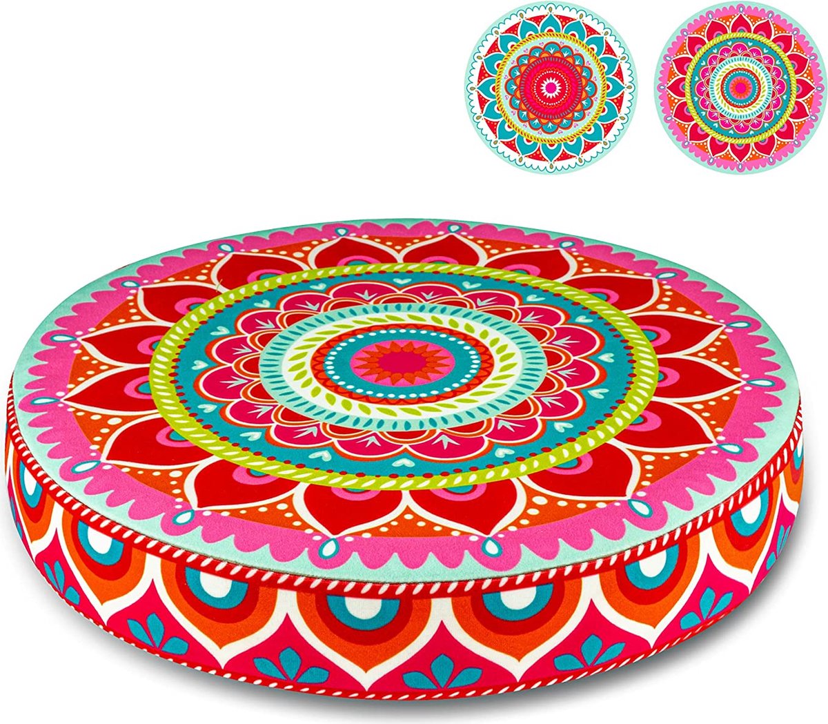 Kleurrijk zitkussen, rond, 38 x 6 cm, enorme keuze, mandala's, bloemen, waterlelies, regenboog, kussen voor woonruimtes en tuin, vloerkussen voor kinderen