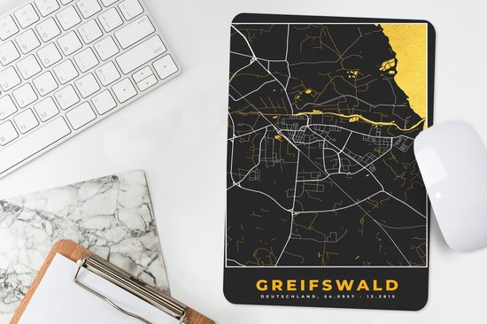 Muismat 18x27 cm - Mousepad Black and Gold – Stadskaart – Greifswald – Duitsland – Plattegrond – Kaart - Muismatten - Stadskaart