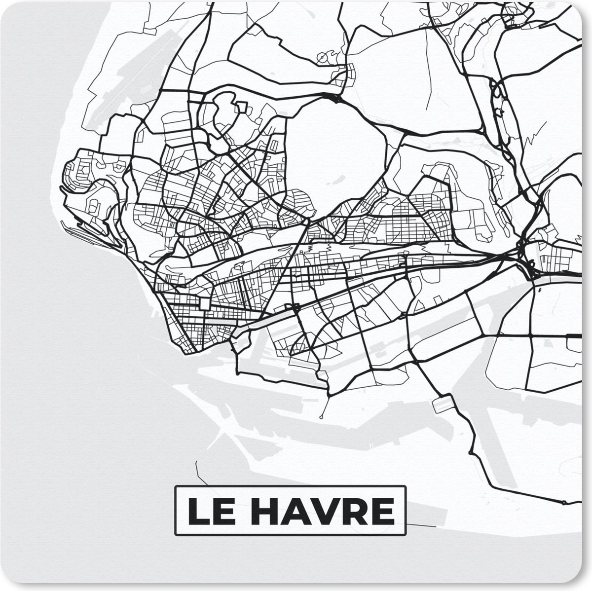 Muismat 20x20 cm - Mousepad Kaart - Stadskaart - Le Havre - Frankrijk - Plattegrond - Zwart wit - Muismatten - Stadskaart
