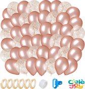 60 stuks Rose Goud Helium Ballonnen met Lint – Verjaardag Versiering - Decoratie - Papieren Confetti – Roze Gold Latex