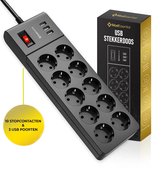 MostEssential Premium 13 Voudige Stekkerdoos - Stekkerdoos met Schakelaar - Stekkerdoos met Beveiliging – Overspanningsbeveiliging - 10 Stopcontacten & 3 USB Oplaadpoorten – 2M Snoer – Antislip - Zwart