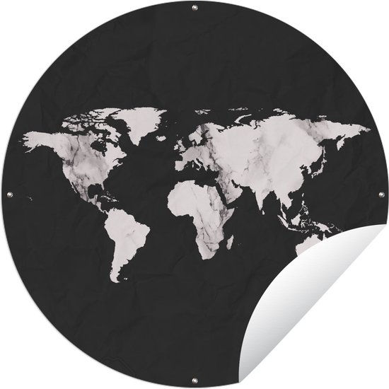 Tuincirkel Wereldkaart - Zwart Wit - Marmer - 150x150 cm - Ronde Tuinposter - Buiten