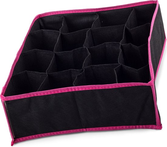 Organiseur 2X pour Chaussettes et sous- Sous-vêtements - 16 compartiments - Économisez de l'espace - Fabriqué en matériau durable Lin - Set de 2 - Zwart avec rose