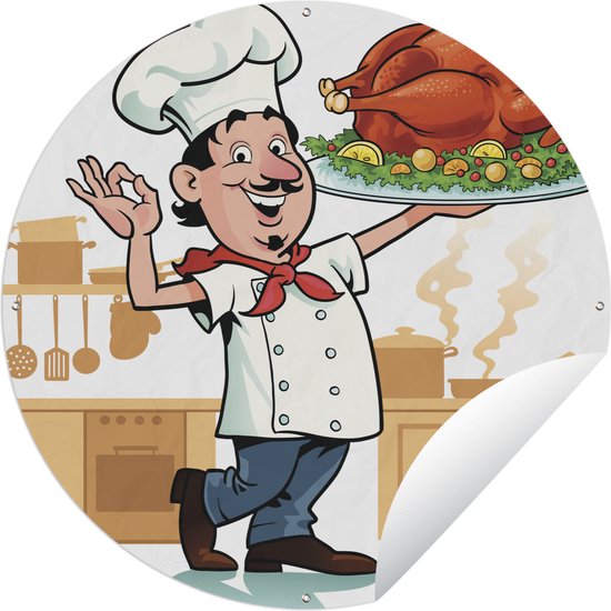 Tuincirkel Een illustratie van een kok met een stuk vlees - 60x60 cm - Ronde Tuinposter - Buiten