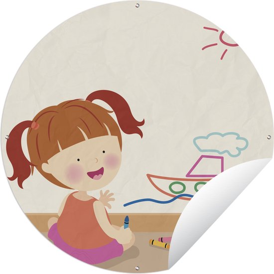 Tuincirkel Illustratie van een meisje dat op de muur tekent - 60x60 cm - Ronde Tuinposter - Buiten