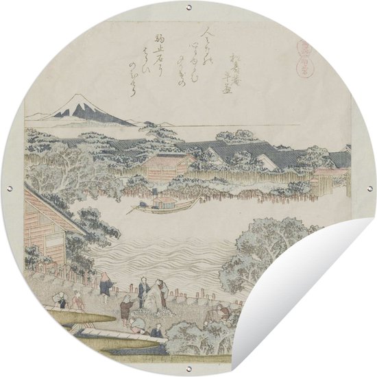 Tuincirkel De paarden-bind steen - Schilderij van Katsushika Hokusai - 90x90 cm - Ronde Tuinposter - Buiten