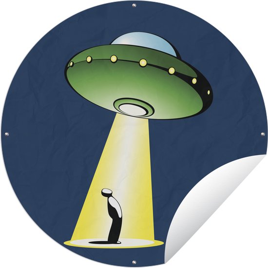 Tuincirkel Een illustratie van een UFO die een persoon inspecteert - Jongens - Meisjes - Kinderen - Kids - 90x90 cm - Ronde Tuinposter - Buiten