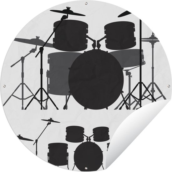 Tuincirkel Illustratie van een silhouet van een drumstel in zwart-wit - 60x60 cm - Ronde Tuinposter - Buiten