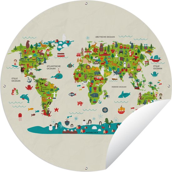 Tuincirkel Wereldkaart Kinderen - Kleuren - Atlas - 90x90 cm - Ronde Tuinposter - Buiten