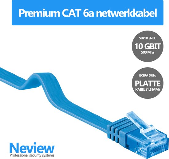Neview - 5 meter premium platte UTP kabel - CAT 6a - 10 Gbit - 100% koper -  Blauw -... | bol.com