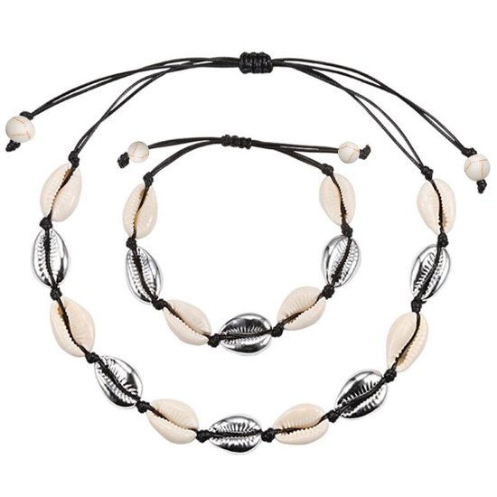 Fako Bijoux® - Collier & Bracelet Coquillage - Choker - Set Coquillage - Argent/ Zwart