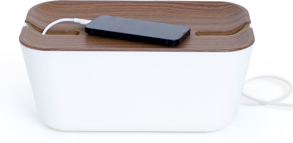 Bosign Kabelbox - Opbergbox – medium – Wit/Satijn Mat Donker Hout - 30 x 18 x 13.8 cm