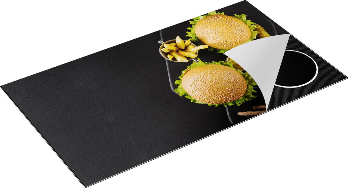 Chefcare Inductie Beschermer Hamburgers met Patat op een Zwarte Marmeren Plaat - 95x50 cm - Afdekplaat Inductie - Kookplaat Beschermer - Inductie Mat