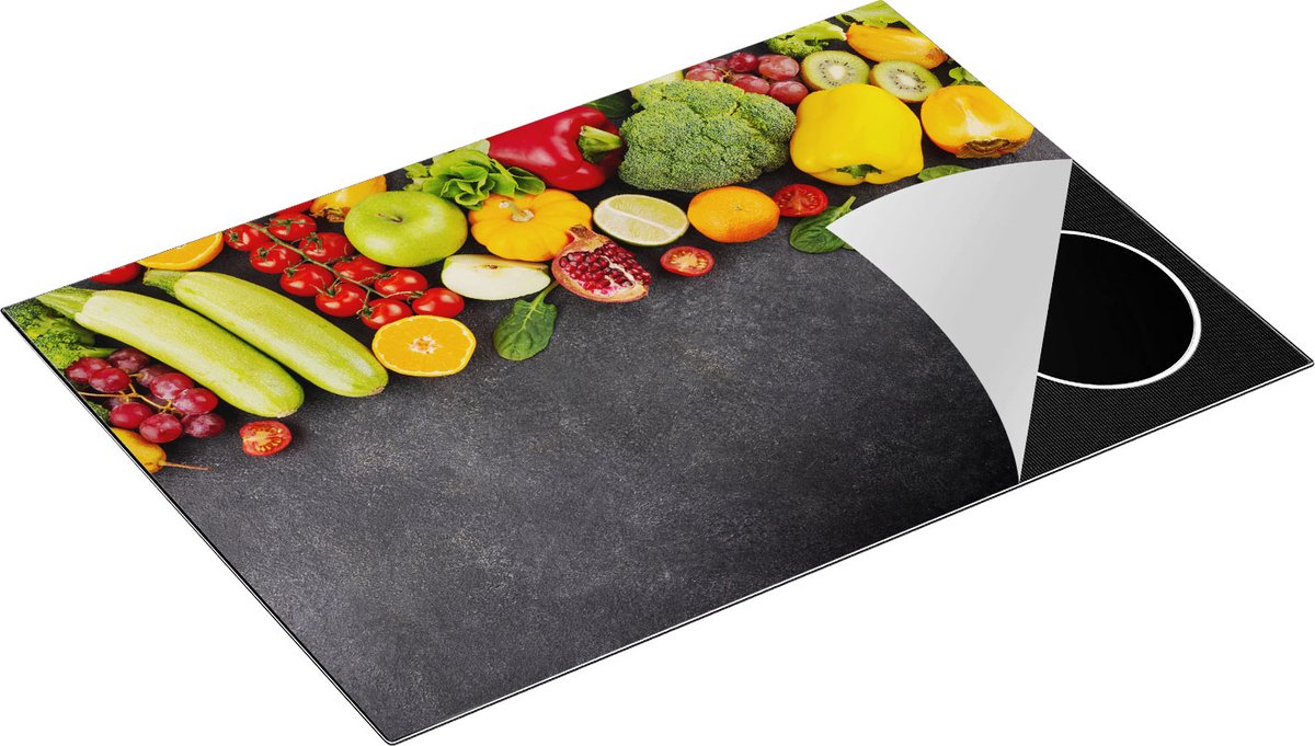 Chefcare Inductie Beschermer Groente en Fruit op Zwarte Marmer - 75x52 cm - Afdekplaat Inductie - Kookplaat Beschermer - Inductie Mat