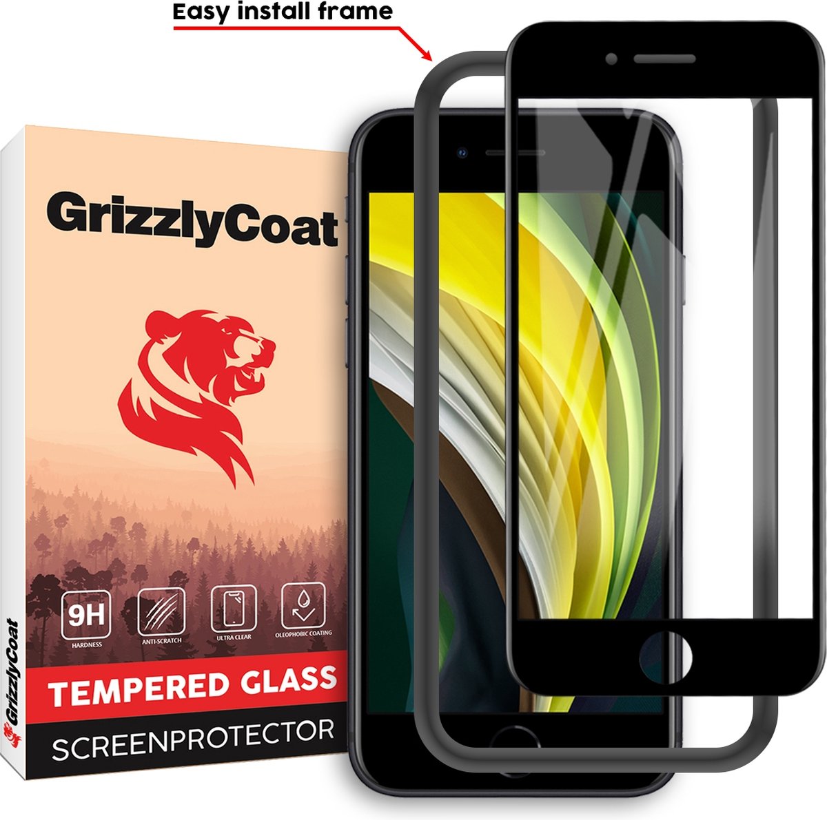 GrizzlyCoat - Screenprotector geschikt voor Apple iPhone SE (2022) Glazen | GrizzlyCoat Easy Fit Screenprotector - Case Friendly + Installatie Frame - Zwart