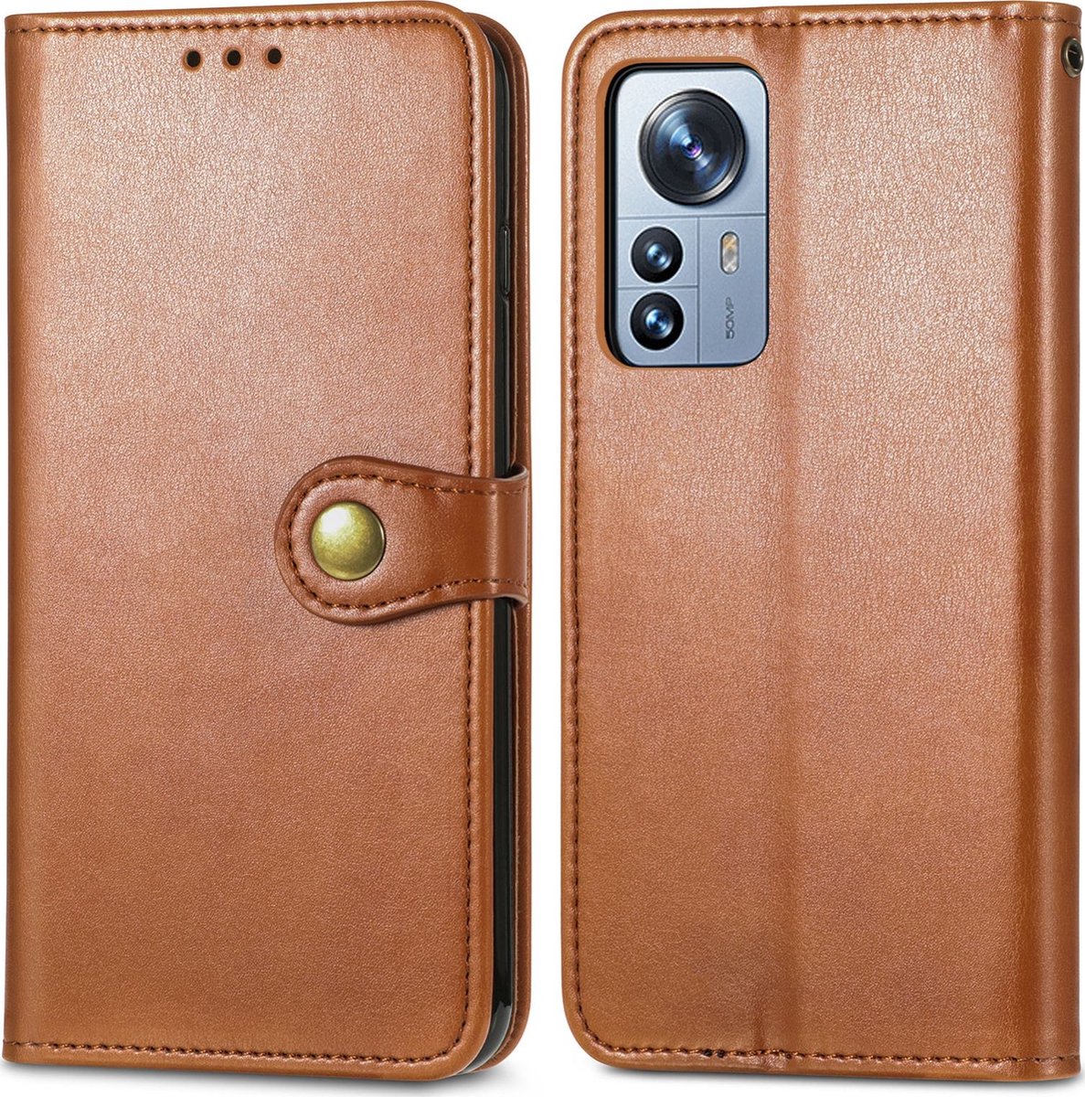 Mobigear Telefoonhoesje geschikt voor Xiaomi 12 Pro Hoesje | Mobigear Snap Button Bookcase Portemonnee | Pasjeshouder voor 3 Pasjes | Telefoonhoesje voor Pinpas / OV Kaart / Rijbewijs - Bruin