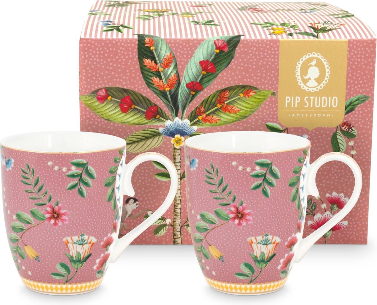 Pip Studio Lot de 2 Tasses et Soucoupes à Cappuccino Flower Festival Rose  Foncé