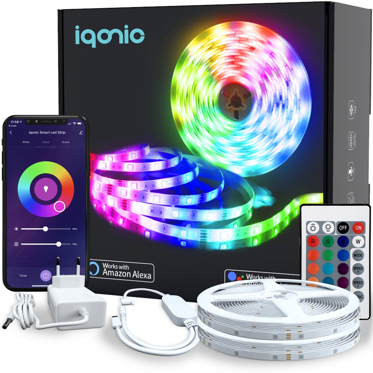 Iqonic Smart Led Light Strip - 10 Meter - Met WiFi, App en Afstandsbediening - RGB Verlichting - Zelfklevend - Google Home en Alexa