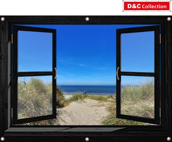 D&C Collection - tuinposter - 130x95 cm - doorkijk - Openslaand venster zwart - luxe uitvoering - duinovergang naar strand - schuttingposter - tuindecoratie - balkonposter