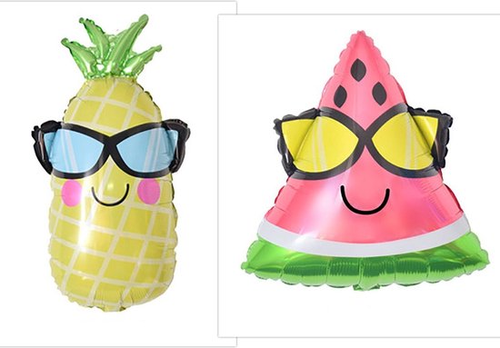 Ballonnen ananas en meloen - met zonnebril - xl ballon - 2 stuks - ananas 65 x 40 cm - meloen 50 x 45 cm - geel - roze - zomers -  reuzeballon