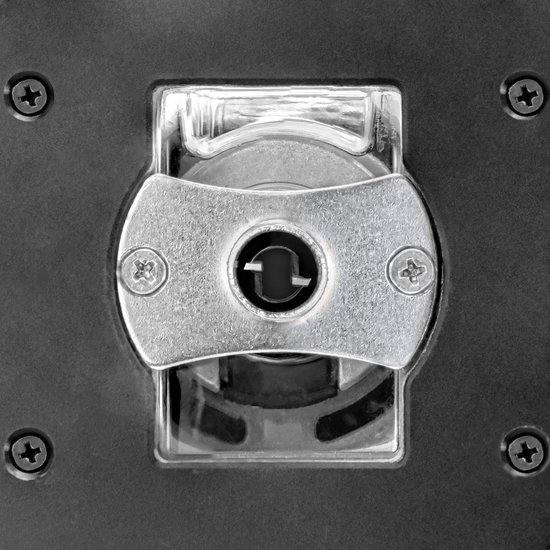Detail van de metalen houder met schroeven en een centrale opening van een bovenfreesmachine.