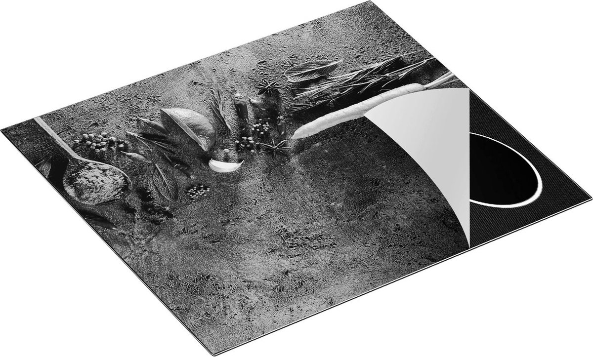 Chefcare Inductie Beschermer Kruiden met Groentes op Grijs Beton - Zwart Wit - 60x50 cm - Afdekplaat Inductie - Kookplaat Beschermer - Inductie Mat