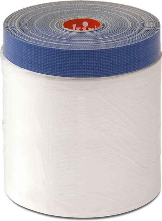Rouleau de Kip Masqueur avec bordure bleue et film PE blanc.