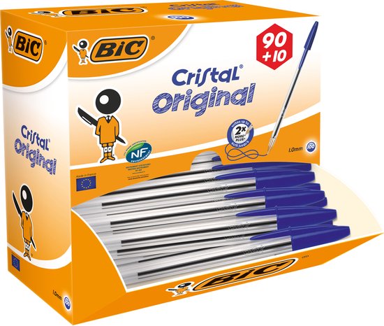 BIC Cristal Balpennen Medium Punt (1.0 mm) - Voordeelpak 90+10 gratis - schrijfkleur blauw - BIC