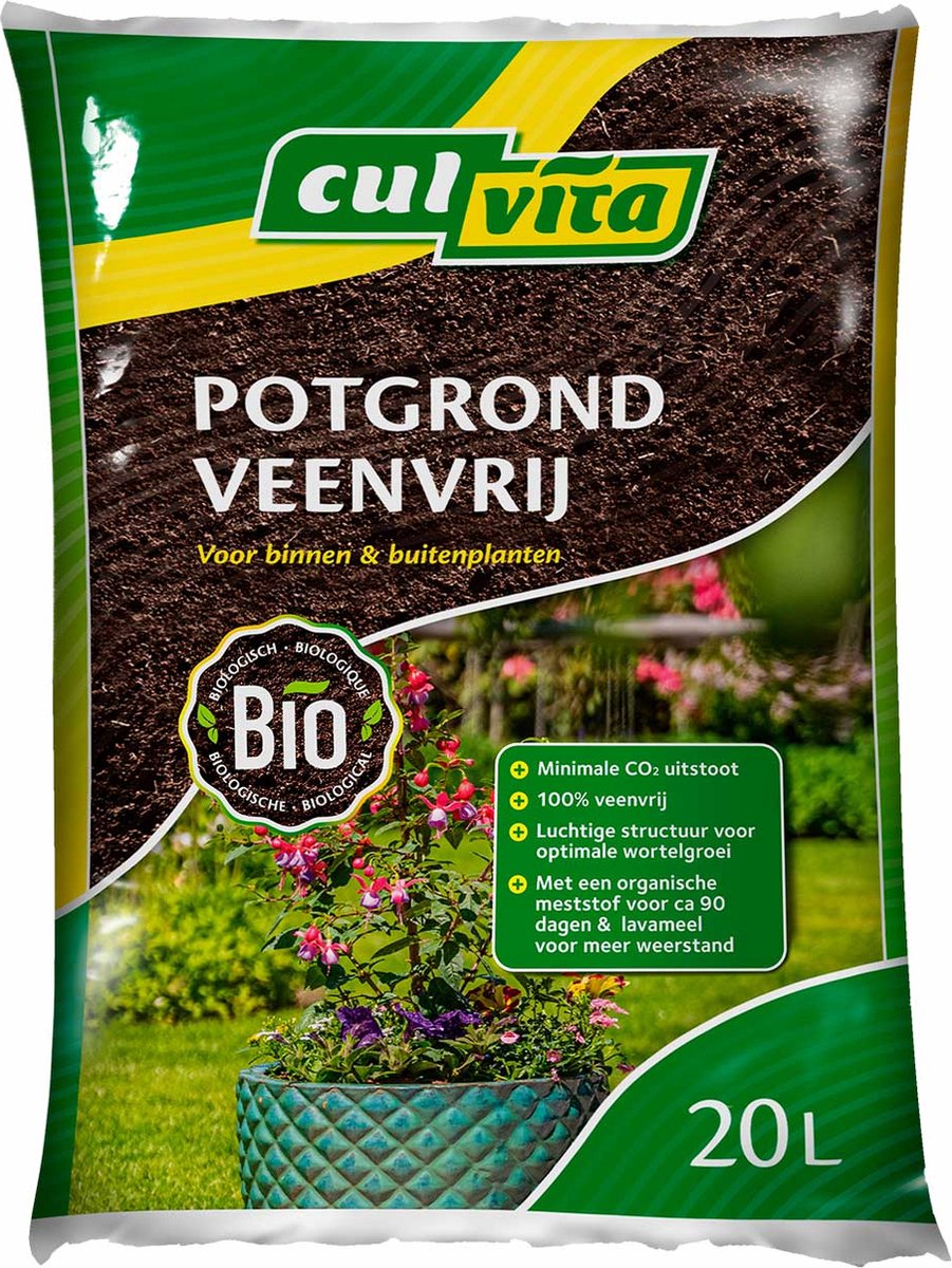 Culvita - Biologische Veenvrije potgrond 20 liter - Potgrond voor kamerplanten & buitenplanten - inclusief organische meststof