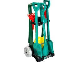 foto van Klein Toys Bosch tuin 7-delige tuinkar - grastrimmer, schep, hark, gieter, schepje en zandhark - incl. bijpassend geluid - groen geel rood