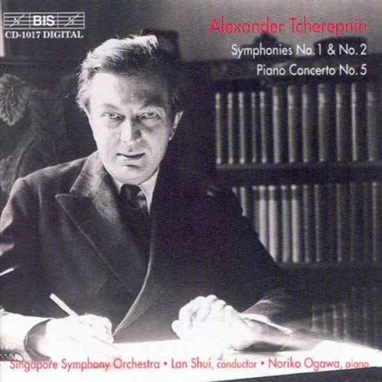 CD hoes met een man zittend aan een bureau, met tekst: Alexander Tcherepnin, Symphonies No. 1 & No. 2, Piano Concerto No. 5.