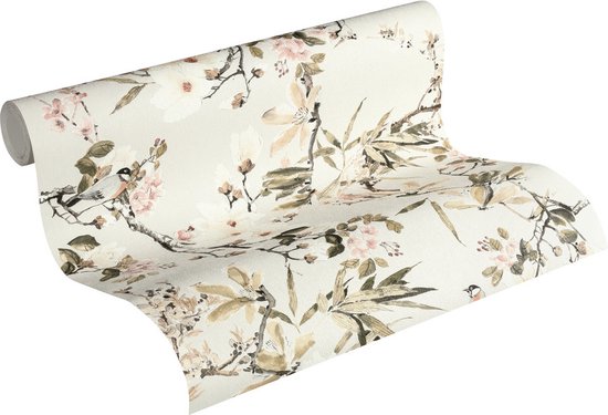 Papier peint Fleurs Profhome 364982-GU papier peint intissé légèrement texturé avec motif floral mat beige vert gris rose 5,33 m2
