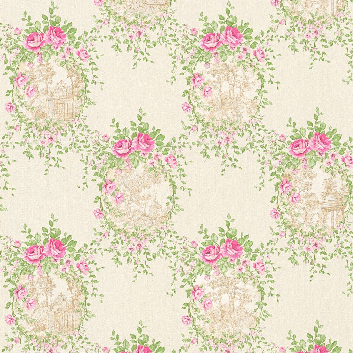 Bloemen behang Profhome 344992-GU vliesbehang licht gestructureerd met bloemen patroon mat roze groen crèmewit 5,33 m2